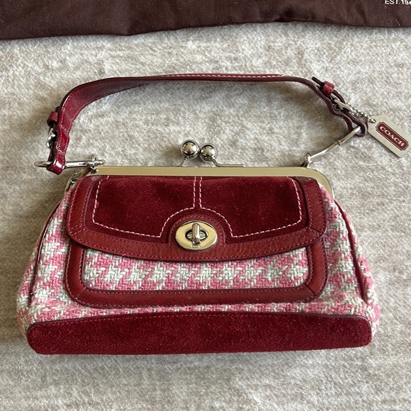 Rare Coach Vintage Wool Houndstooth Pink Burgundy Gallery Frame Satchel Bag - Picture 3 of 10